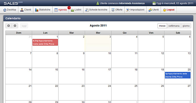 Schermata agenda mensile
